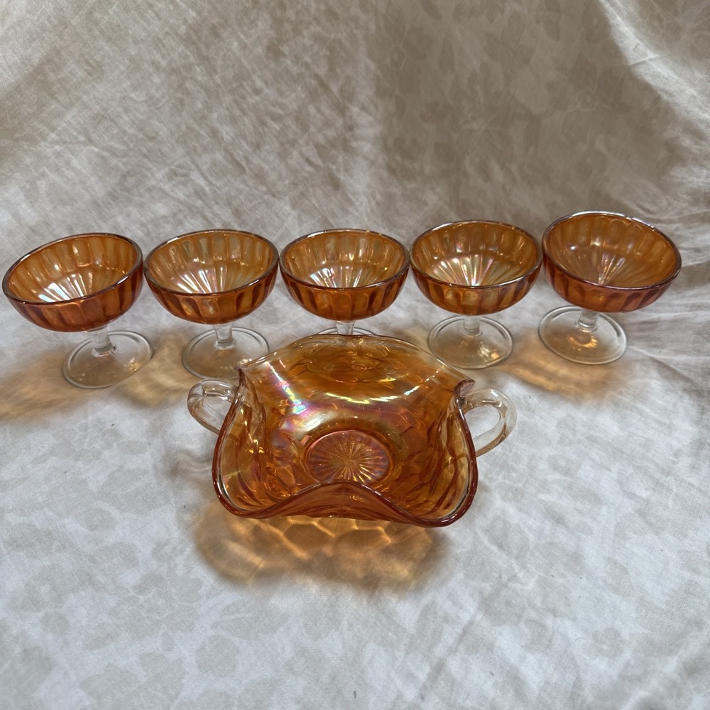 Imperial Glass Marigold Carnival Glass Sherbet Desert Set Of 5 Candy Dish